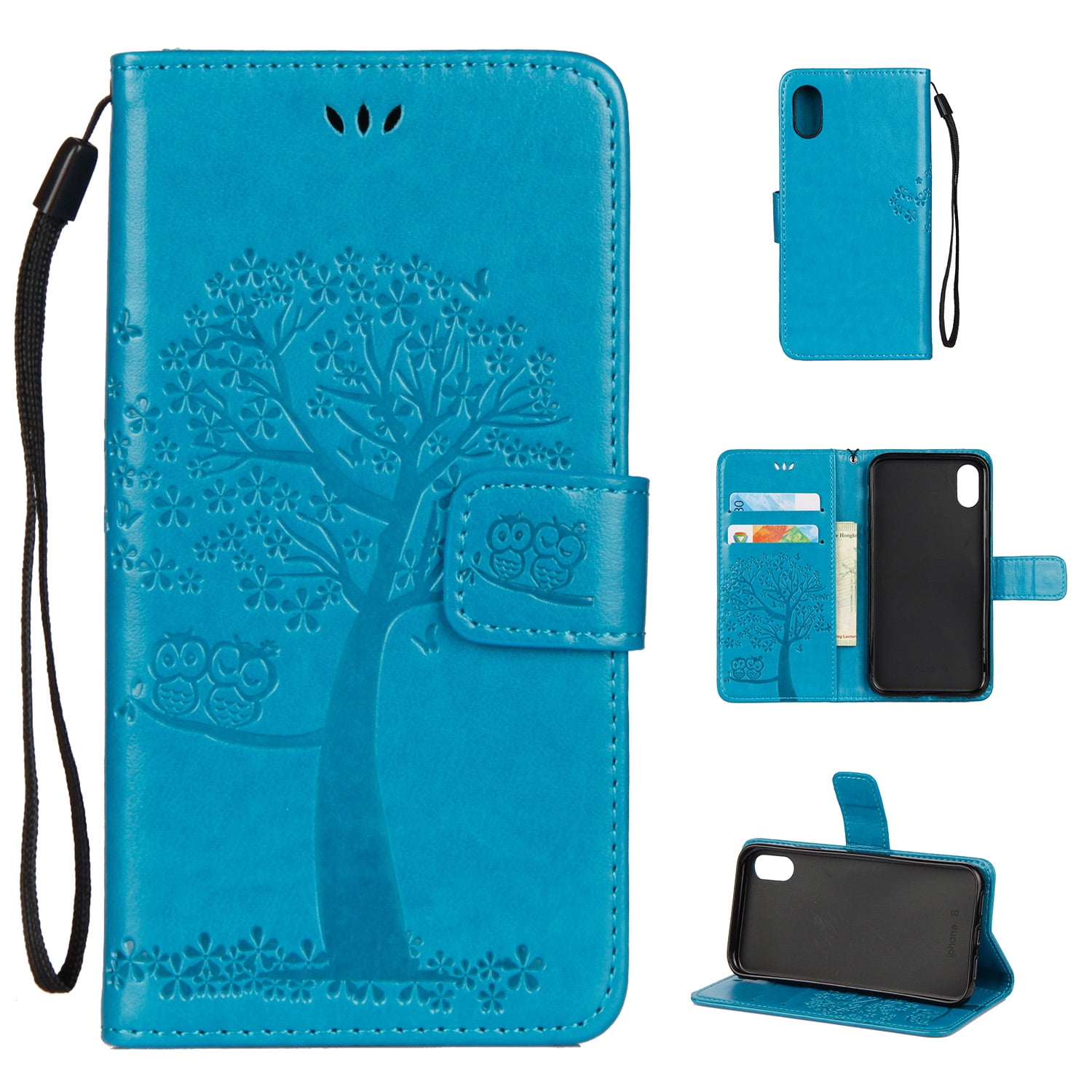 iPhone XR Wallet case, Allytech Pretty Retro Embossed Owl Flower Tree
