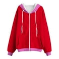 thumbnail image 3 of Womens Fall Jackets Zip Up Hoodie Outerwear Colorblock Drawstring Hooded Sweatshirt 2 Pockets Cotton Coat, M Red #1, 3 of 6
