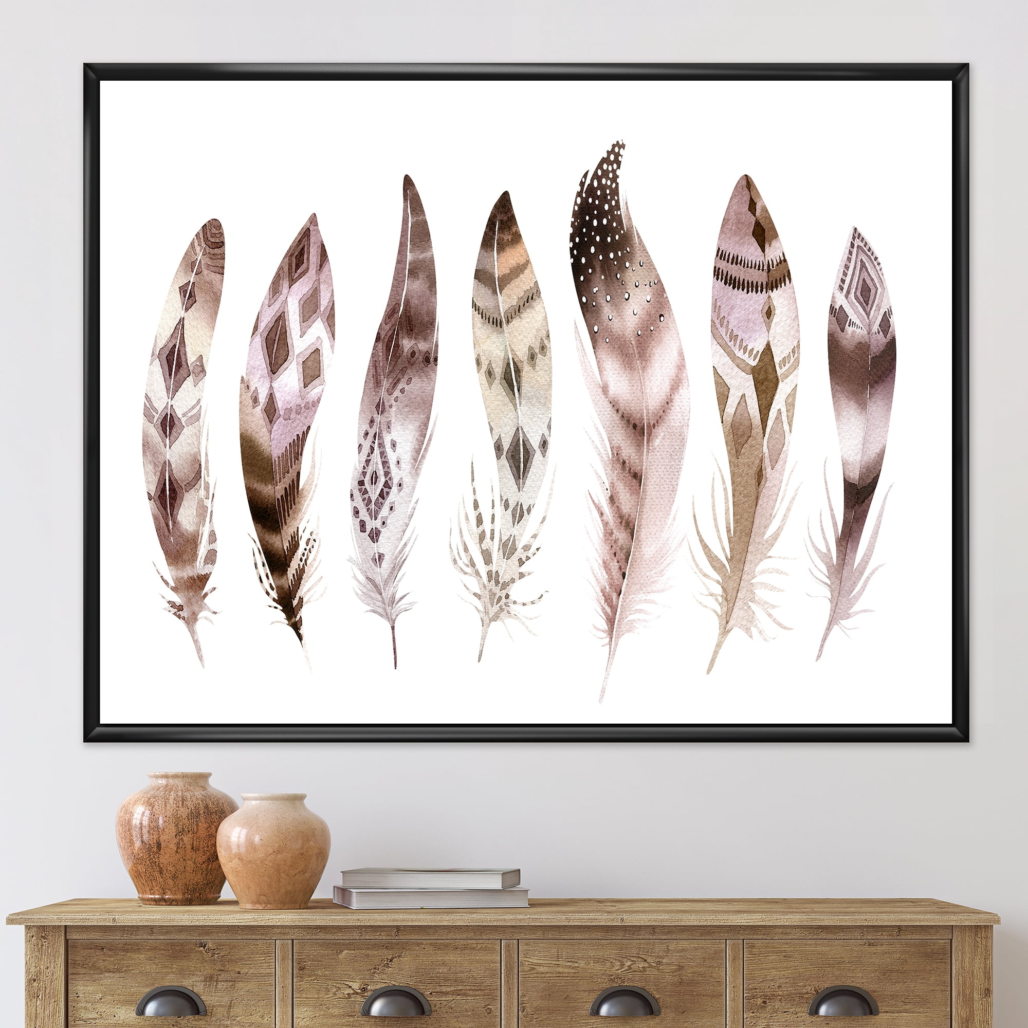 Designart 'Colourful Boho Art Feather Set X' Bohemian & Eclectic Framed Canvas Wall Art Print