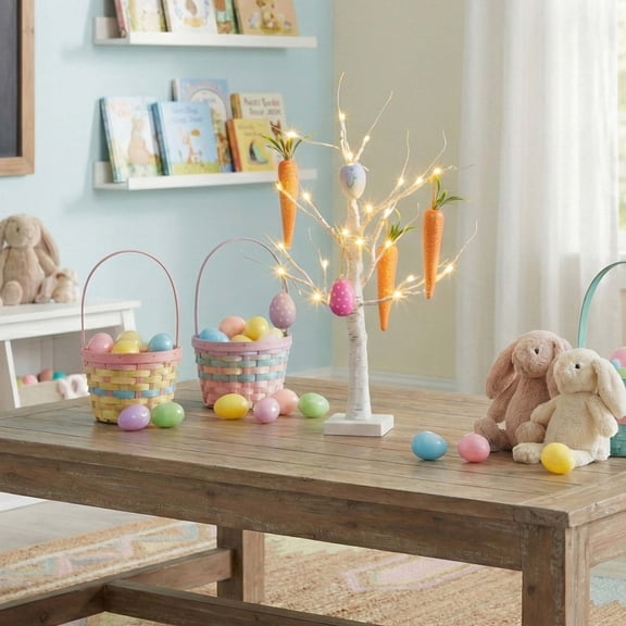 Nearly Natural Pre-Lit Artificial Twig Tree with Easter Egg and Carrots Ornaments   - 2' - Warm