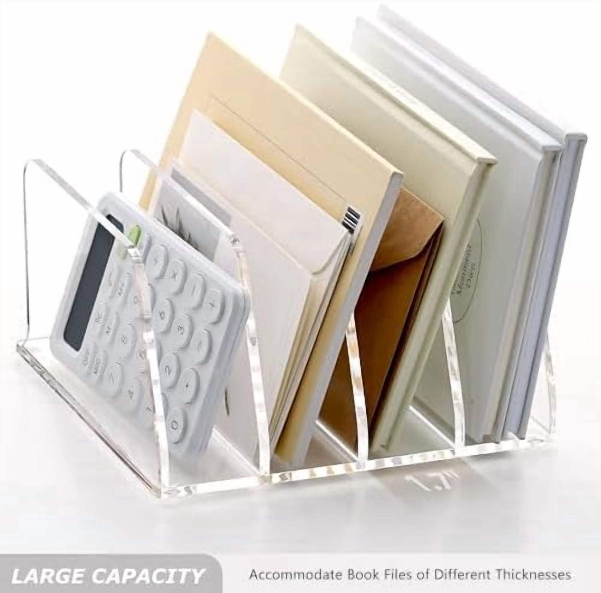 Jointown Acrylic Desk File Sorter Organizer Holder, 4-Section Clear Vertical Letter File Folder Rack, Notebook Magazine Desktop Binder Mails Storage Bookshelf Upright Divider for Home Office School