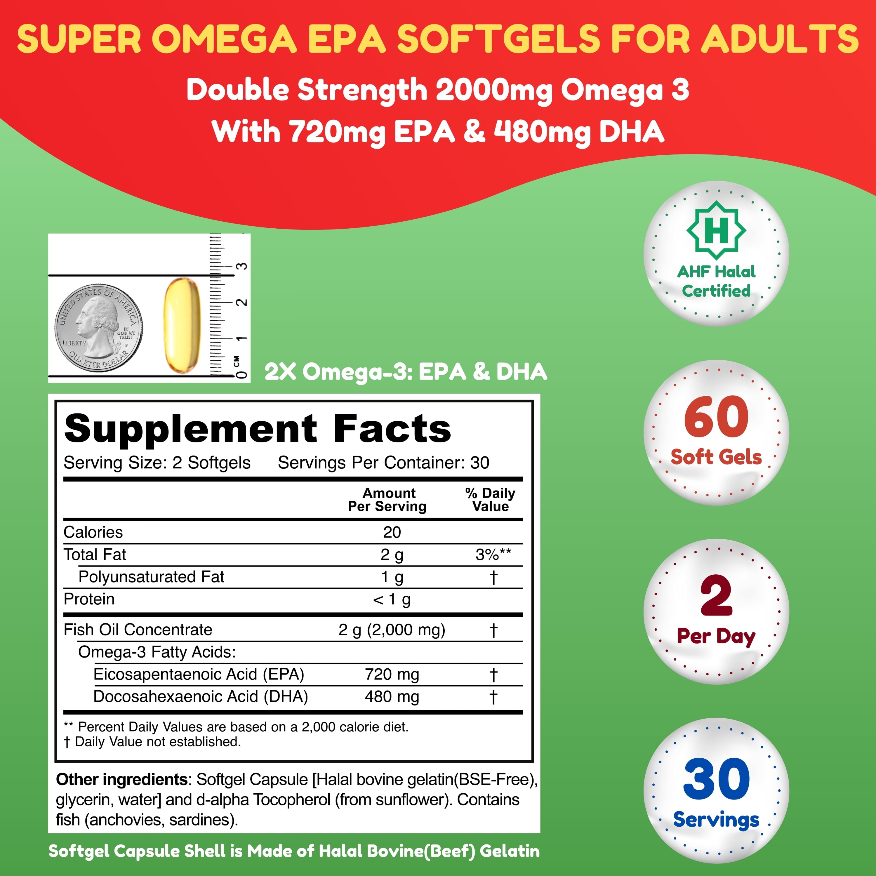 Halal Fish Oil Softgels 60 Ct, Double Strength - Halal Omega 3 Fish Oil Supplements. Wild Caught