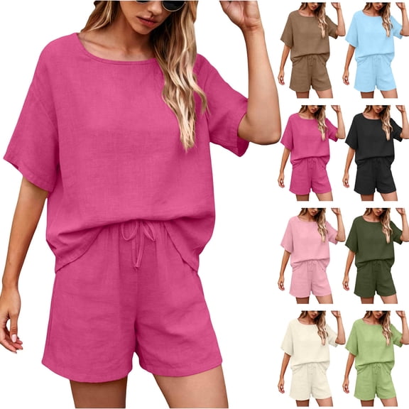 Zynoxe Two Piece Sets for Women Trendy Claasic Crew Neck Short Sleeve Top Drawstring Waist Shorts Suit Comfy Breathable Cotton Summer Sets Casual Loose Solid Color Vacation Outfits S