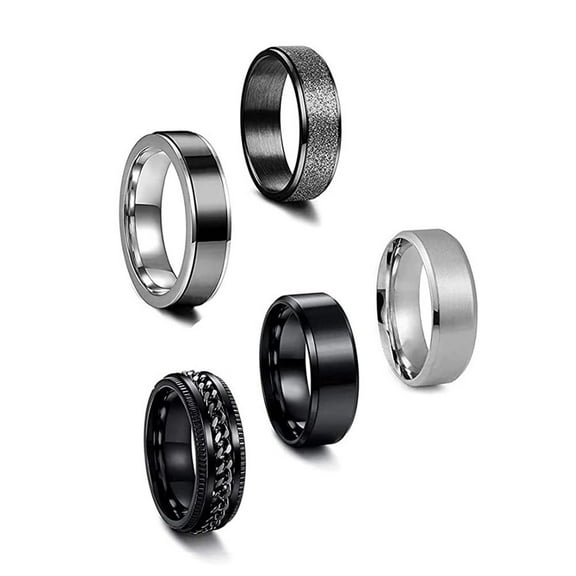 8MM 5pcs Stainless Steel Ring Mens Black Spinner Chain Rings Beveled Edge Wedding Band Plain Ring Set for Men Women Size 7-10