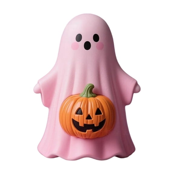 QLUEWX Cute Pink Halloween Ghost Figurine, Resin Pastel Ghost Statue with Carved Pumpkin, Adorable Tabletop Ornament for Tiered Tray Shelf, Halloween Decorations for Girls Bedroom Indoor Home Decor
