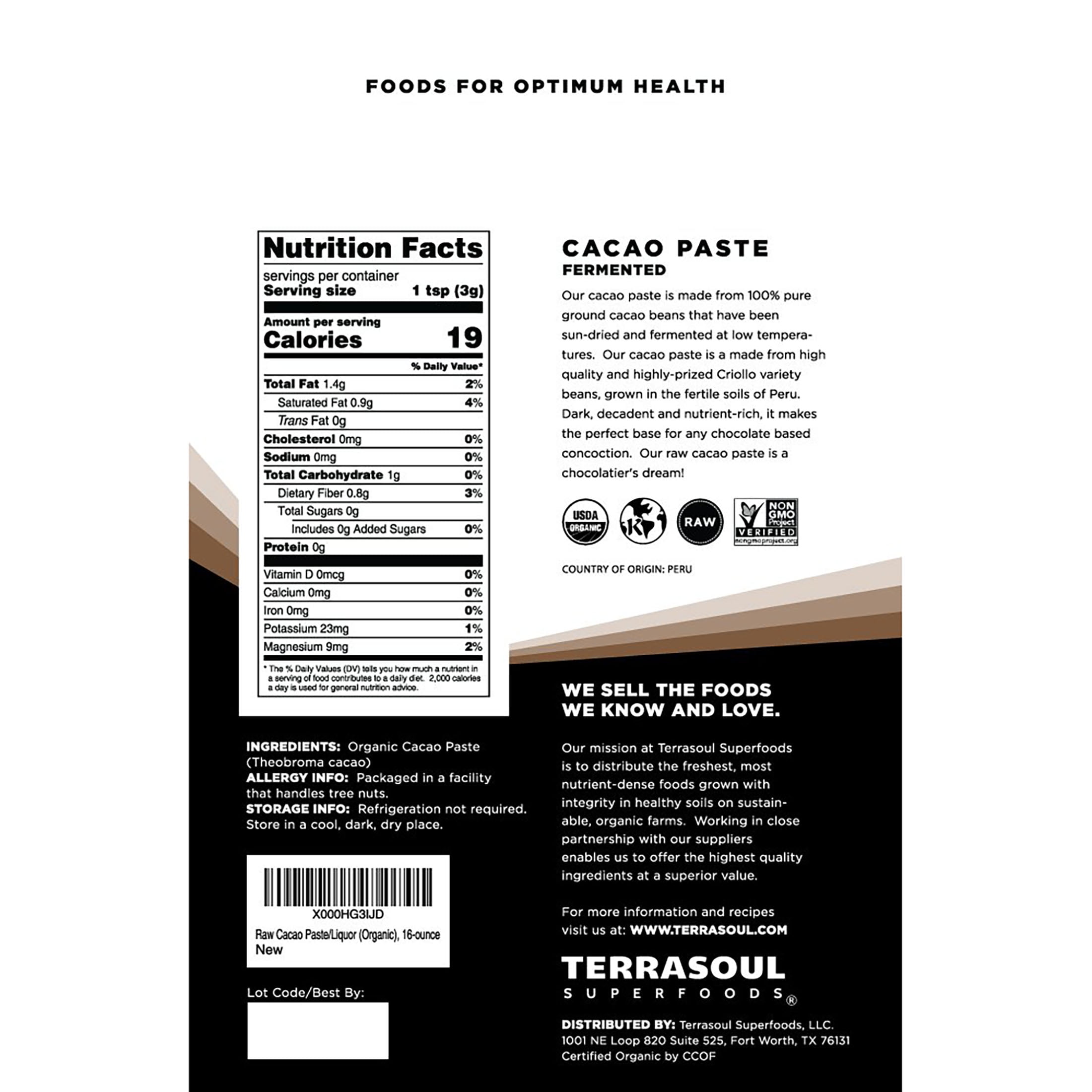 Terrasoul Superfoods Organic Raw Cacao Paste, 1 Lb - Pure and Rich Dark Chocolate for Gourmet Desserts, Smoothies, and For All Your DIY Decadent Chocolate Creations