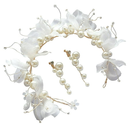 

FRCOLOR White Yarn Pearl Hair Crown Earrings Set Wedding Flower Crystals Pearls Decor Headwear Stud Ear Jewelry for Wedding Party Bride