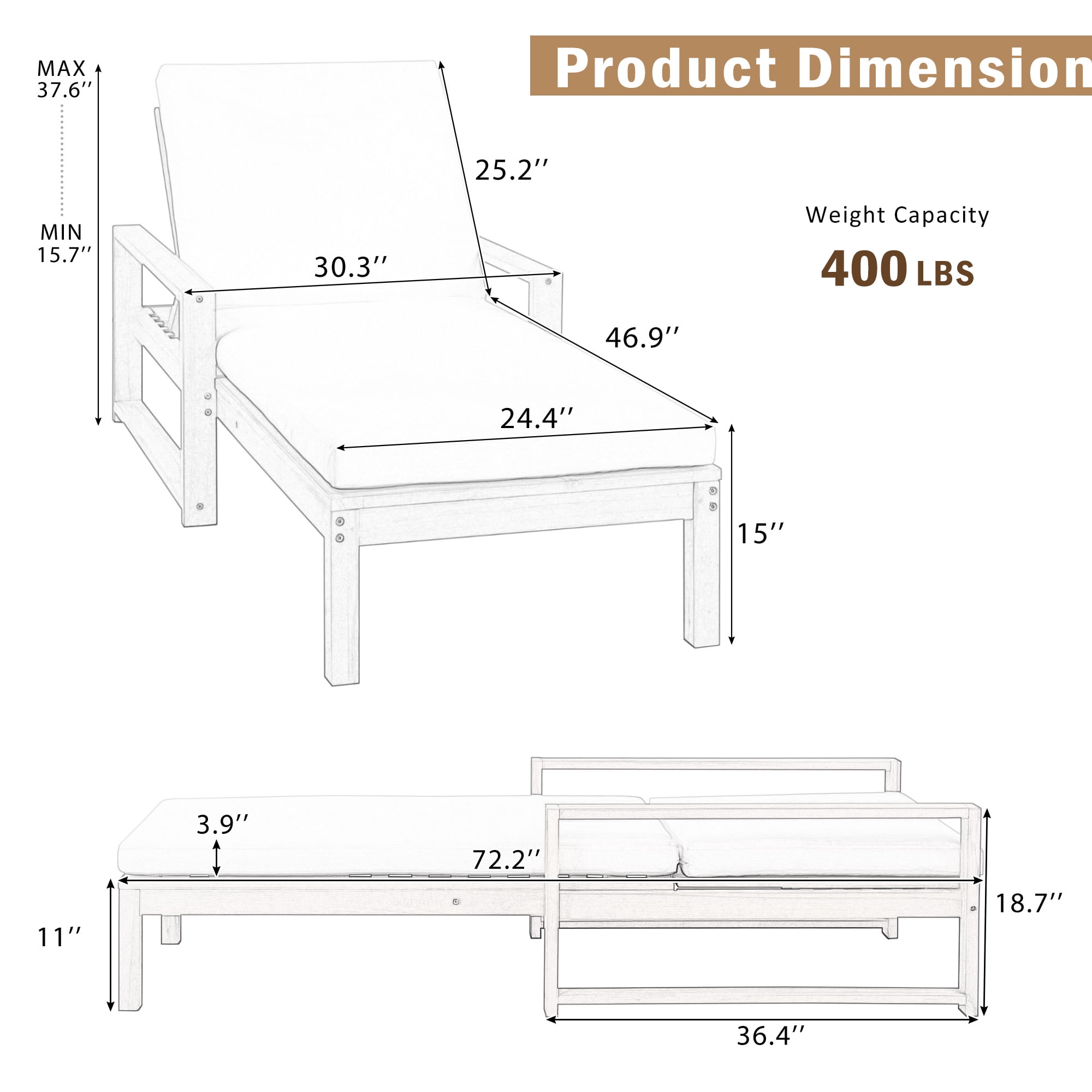 Cushioned 5 Position Lounge Chair, Outdoor Patio Recliner with Soft Pad for Backyard Deck, Gray