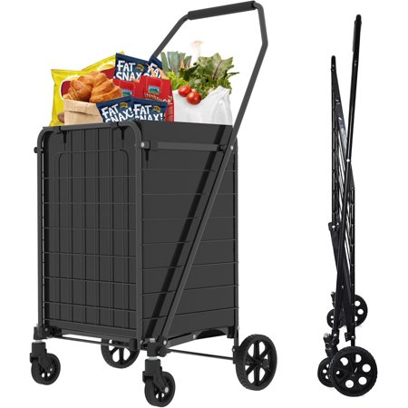 Foldable Heavy Duty Shopping Cart - 200lbs Capacity, 360° Swivel Wheels, 65L Waterproof 600D Oxford Bag, Easy Assembly for Grocery, Laundry, Garden, Camping Black