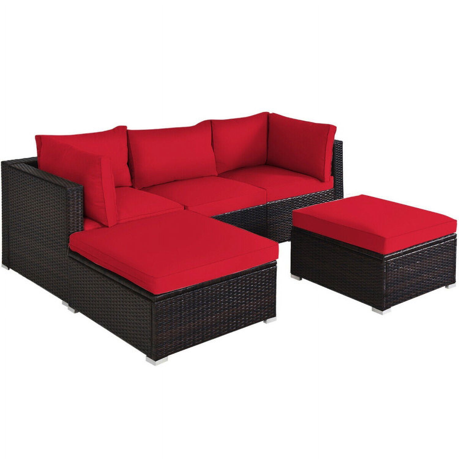 Aimee Lii 5 Pieces Patio Rattan Sectional Conversation Ottoman Furniture Set, Outdoor Patio Set, Red