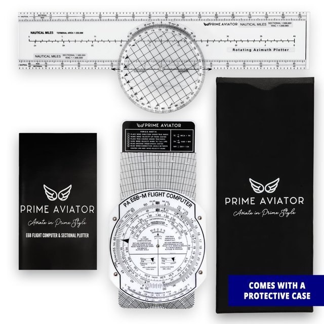 ordenador de vuelo e6b prime aviator con plotter de aviación y funda Kit Prime Aviator con computador E6B mecánico de disco frontal y regla trazadora superior, blanco/plateado con escalas y texto en negro, plotter rotatorio transparente con cuadrícula, guía impresa y funda acolchada negra con logo; herramienta de navegación para entrenamiento VFR/IFR y prácticas de planificación de vuelo.