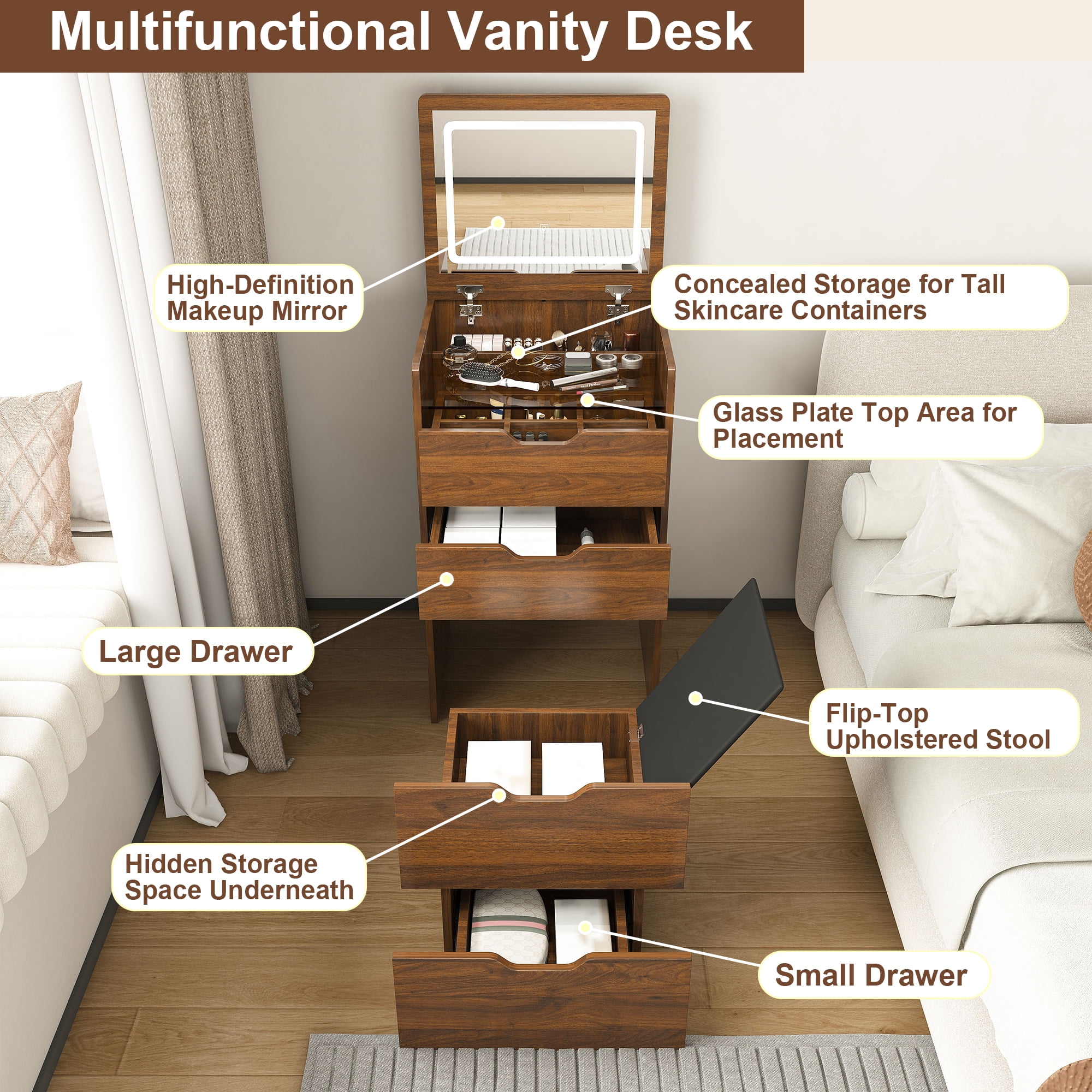 Mintazer 3-in-1 Vanity Desk with LED Lighted Mirror & Storage Stool, Flip Top Makeup Vanity with Drawers, Multifunctional Dresser Nightstand for Bedroom, Walnut