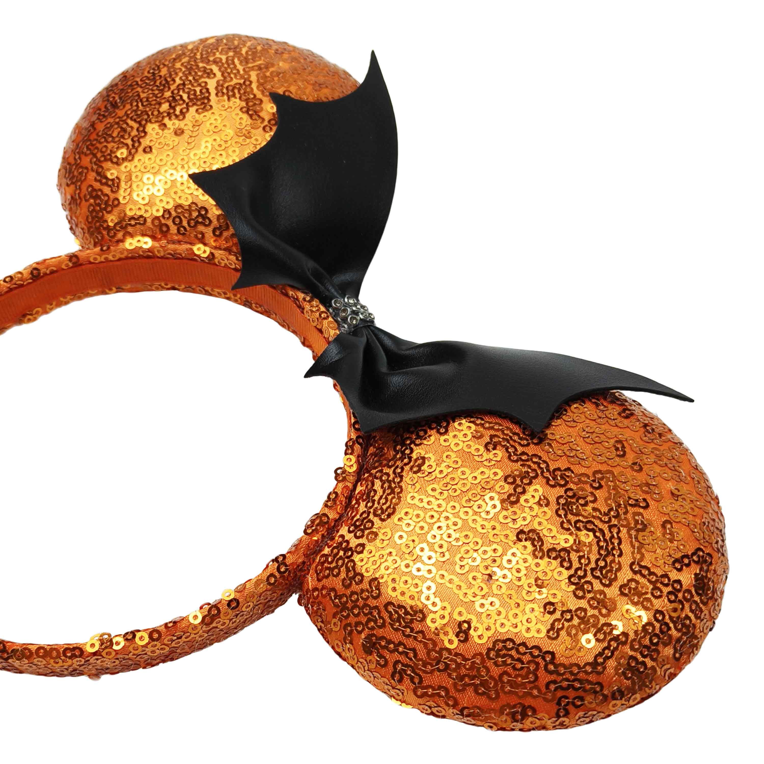 Disney Halloween Minnie Mouse Orange Sequin Ears with Faux Leather Bat Bow for Adults