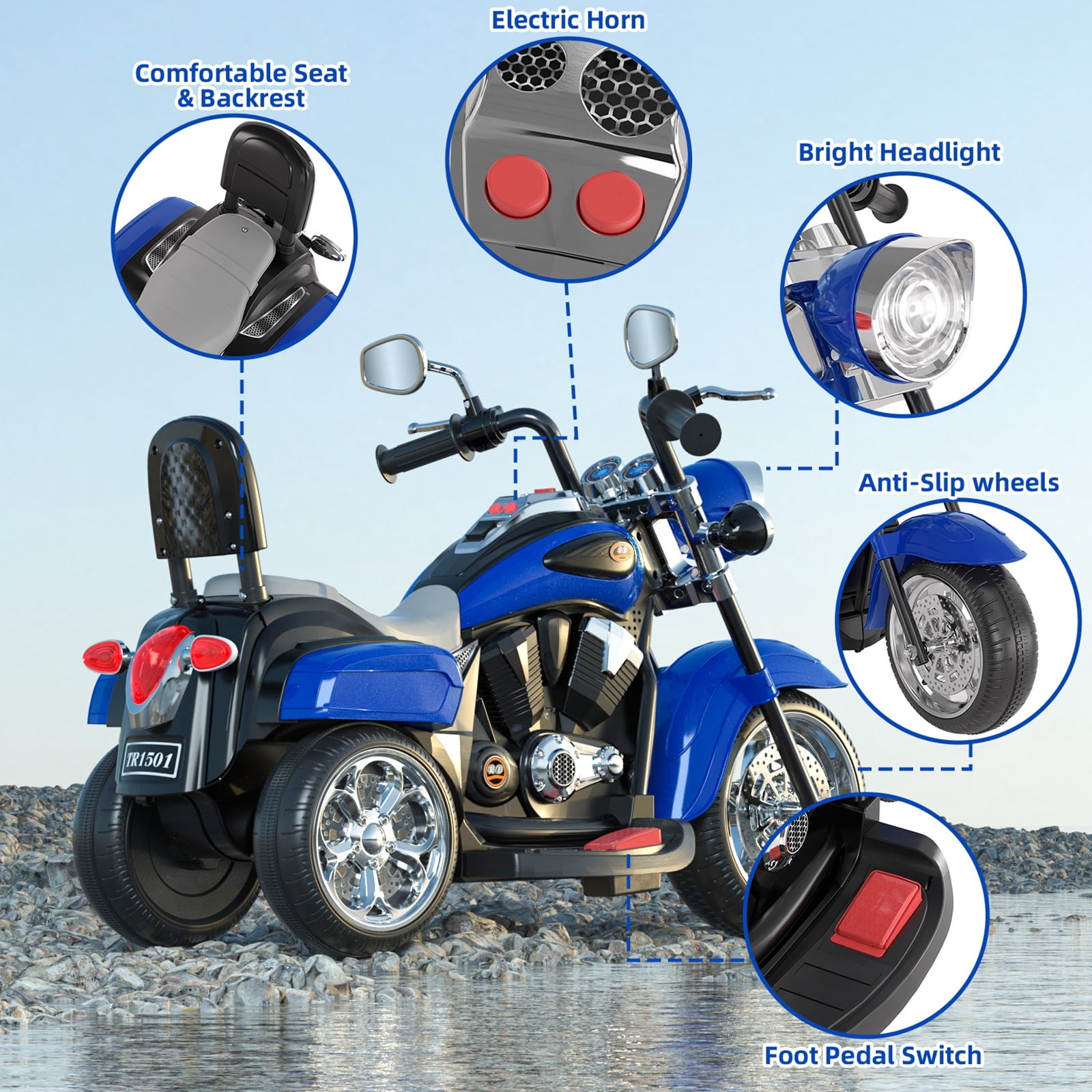 KORIMEFA 3 Wheel Kids Ride On Motorcycle 6V Battery Powered Electric Toy Blue