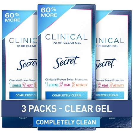Secret Clinical Strength Clear Gel Antiperspirant and Deodorant for Women, Completely Clean, 2.6 oz Pack of 3