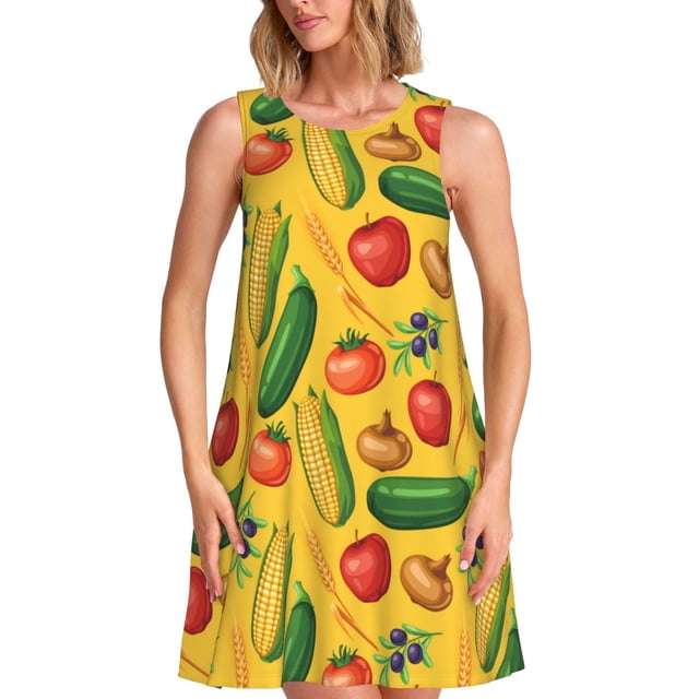 Bixox Robe Sans Manches à Imprimé Légumes Colorés pour Femmes avec Poches, Robe Décontractée Longueur Genou pour l'Été-TTG