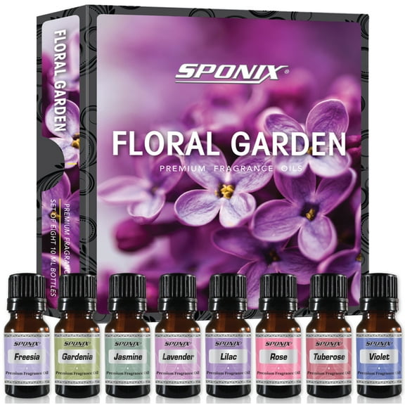 Floral Garden Fragrance Oils 8 X 10 mL (0.33 Oz) 100% Pure - Freesia, Jasmine, Rose, Gardenia, Lilac, Violet, Lavender, Tuberose Essentials Gift Set of 8 by Sponix 8 Pack