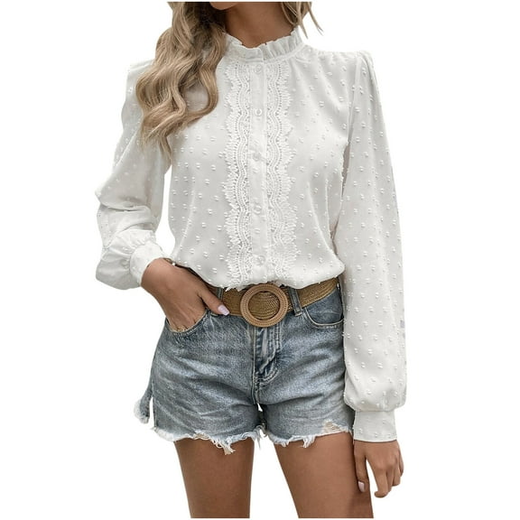 JSKUMAR Women's Long Sleeve Ruffled Neck Swiss Dot Lace Patchwork Buttons Blouses Lantern Sleeve Tunic Shirts White,XL