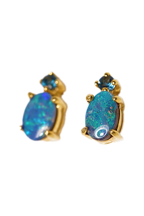 DEEP HEAVEN 14KT GOLD AUSTRALIAN SOLID OPAL & AQUA MARINE EARRINGS