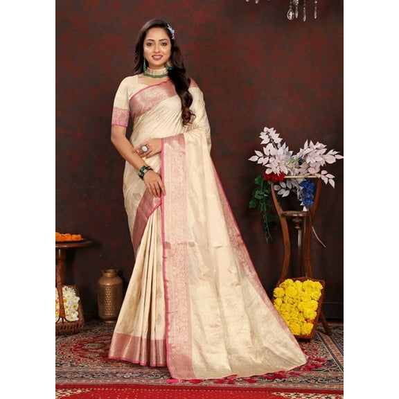 Designer Beige Weaving Zari Tassel Pallu Work Silk Saree