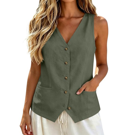 Minjewel Tops for Women Sleeveless Vest Top - with Pockets Pullover Casual Summer Tank, Tank Tops for Women Modern Stylish Top, Womens Summer Tops for Everyday Wear,Army Green L