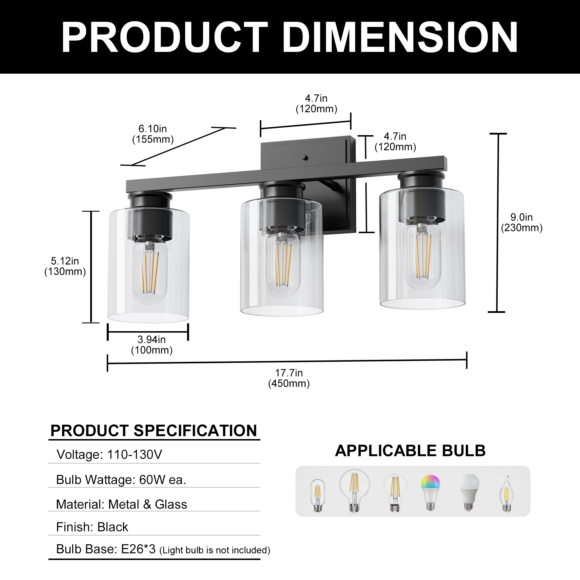 YANSUN 17.7 in 3-Light Black Vanity Light with Clear Glass, Modern Wall Sconces, Bathroom Lighting Fixtures Over Mirror for Living Room, Bathrooms, Powder Rooms, or Vanity Nooks