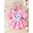 thumbnail image 4 of Infant Baby Girls Easter Romper Dress Short Sleeve Round Neck Bunny Embroidery Dot Print Jumpsuit with Bow Headband, 4 of 7