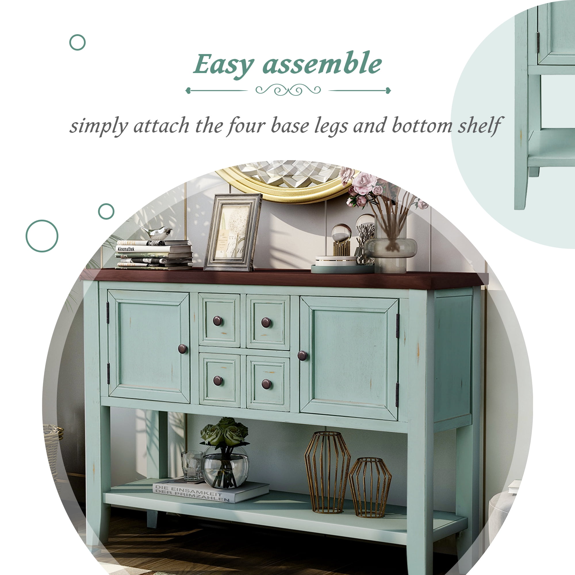 46" Console Table with Drawer for Entryway, Buffet Cabinet Sideboard with 2 Cabinets and Bottom Shelf, Wood Console Table Storage Cabinet for Dining Room Home Furniture, Retro Blue