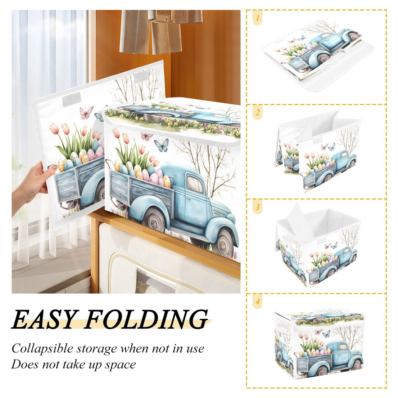 Blue Truck Easter Eggs Storage Basket for Shelves Foldable Container Organizer for Organizing Toys Clothes Books with Handles