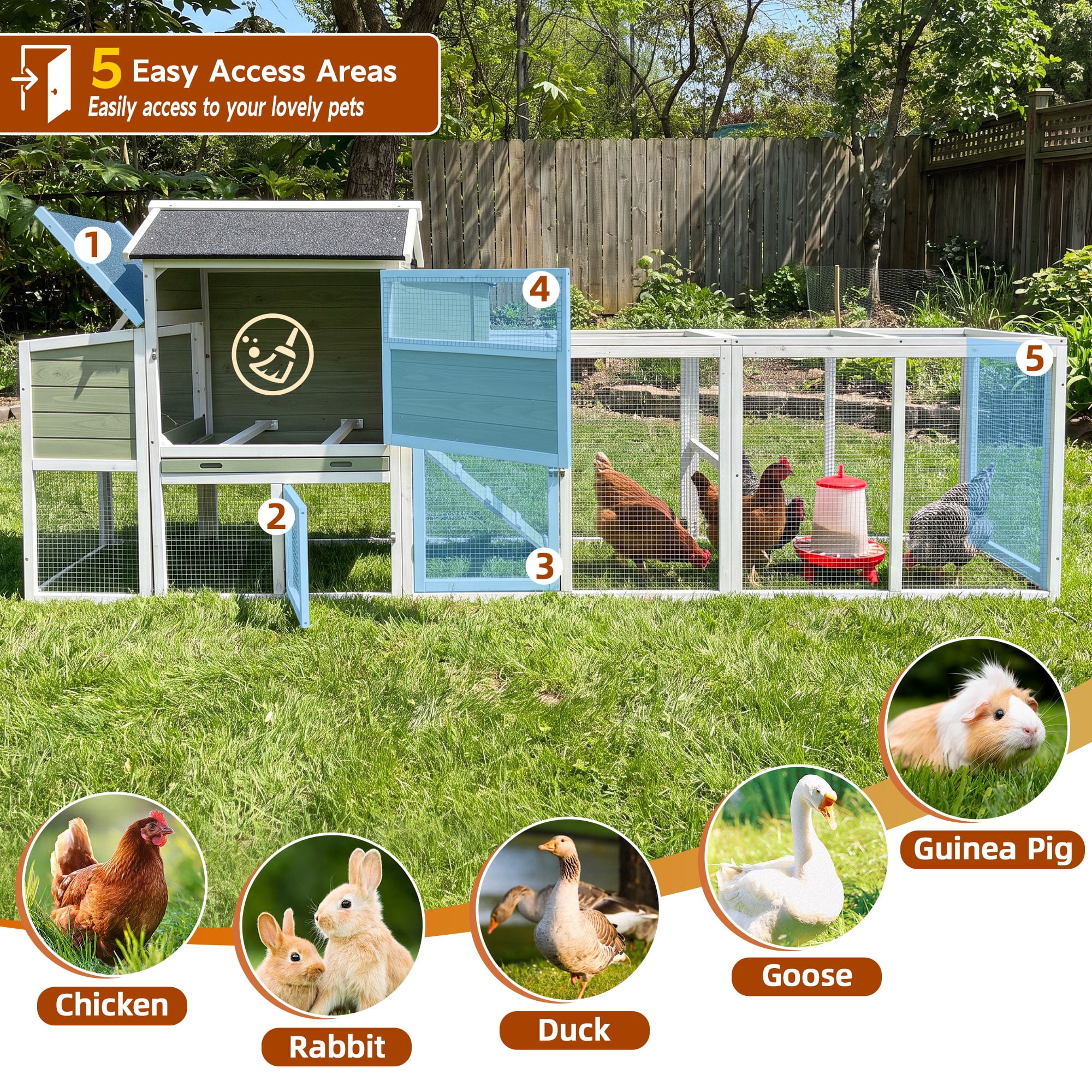 Backyard Chicken Coop with Nesting Box, Weather Resistant Wooden Hen House, Walk-In Run Options, Fits 2-6 Chickens, Green Coop with Run