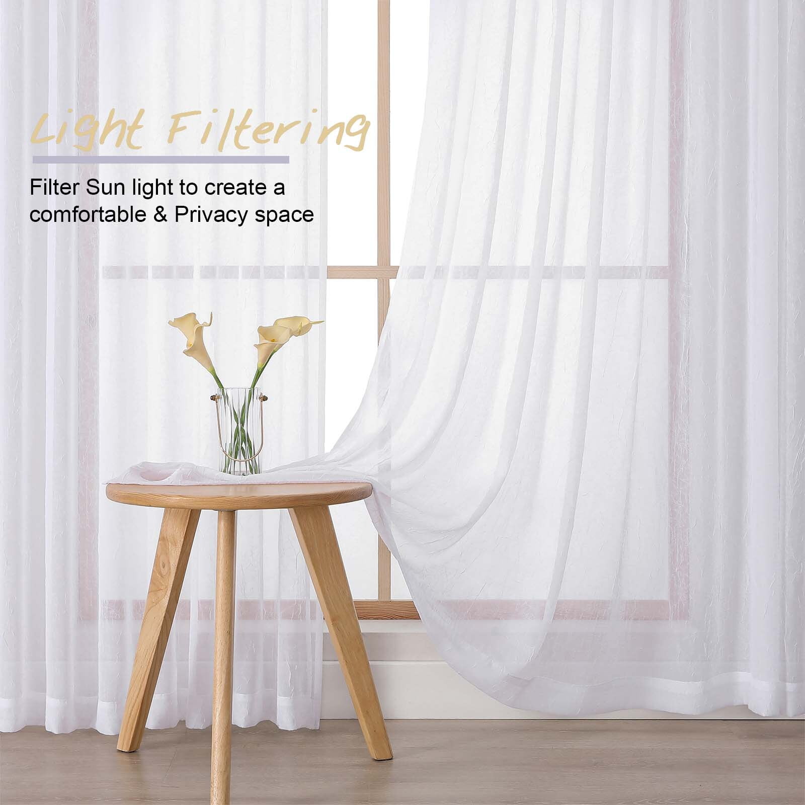OVZME Crushed White Sheer Curtains 108inches Long 2 Panels,Extra Wide Light Filtering Pinch Pleated Sheer Drapes for Living Room, Bedroom,60"Wx108"L White
