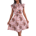 thumbnail image 2 of Women Floral Pleated Knee-Length Dress Vacation Crew Neck Sleeveless High Waist Slim Robe Pink M, 2 of 7
