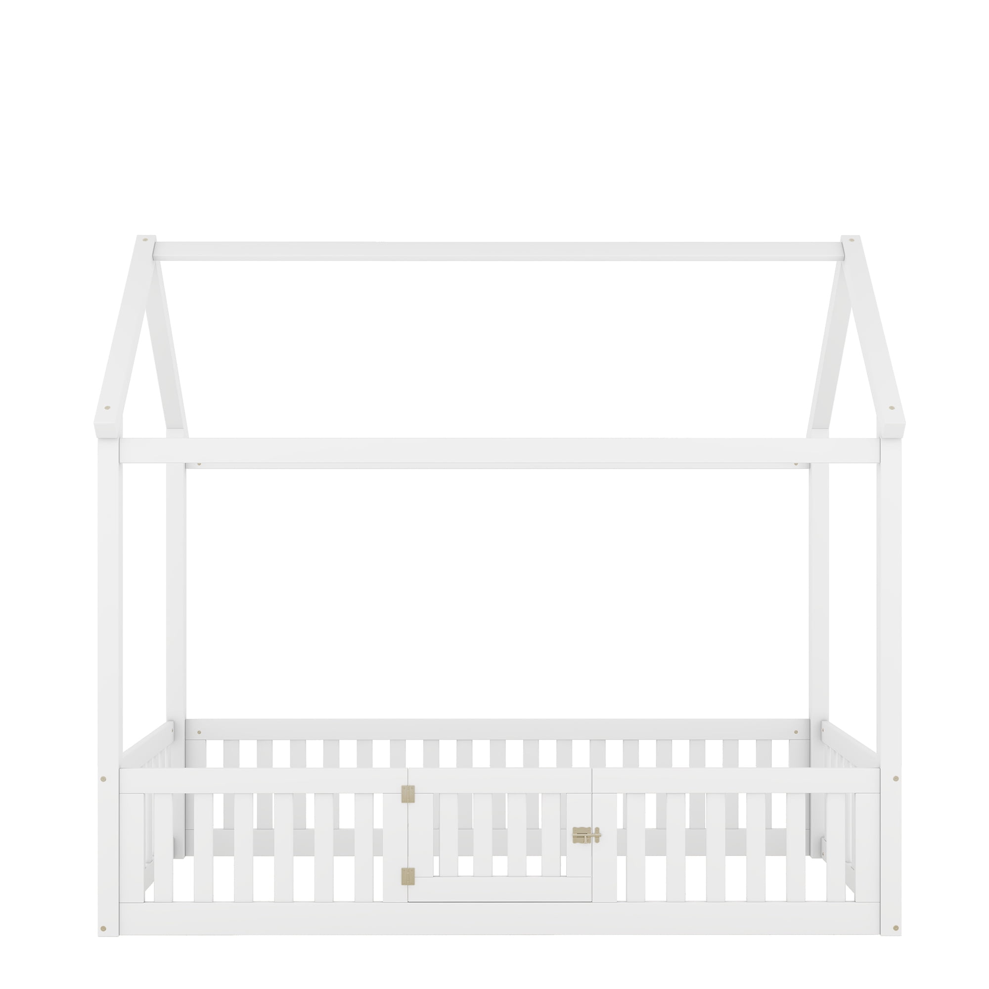 Euroco Twin Size Low House Bed with Fence and Door, White