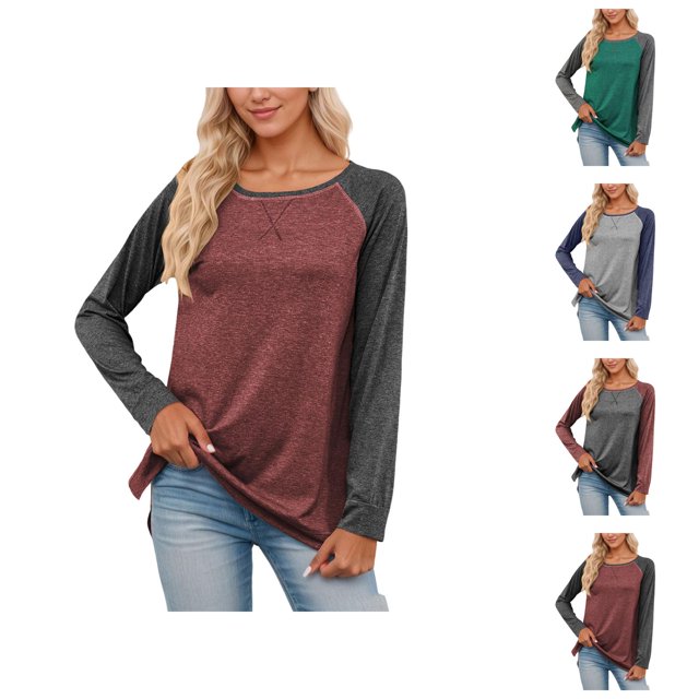Chemise à Manches Longues pour Femmes, Mode Printemps 2026, Col Rond, Manches Raglan, Coupe Décontractée, T-Shirts Décontractés à Blocs de Couleur