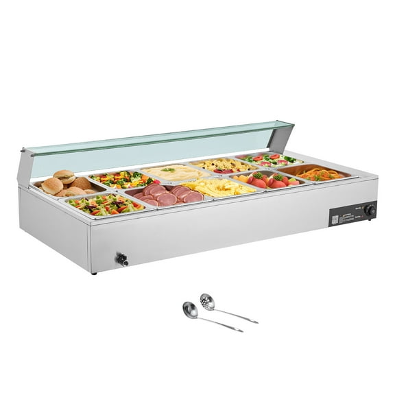 KFFKFF Commercial Electric Food Warmer, 1700W Stainless Steel Steam Table with Glass Lid, 10-Pan Countertop Buffet Bain Marie with Soup and Perforated Ladles, Ideal for Catering, Restaurants