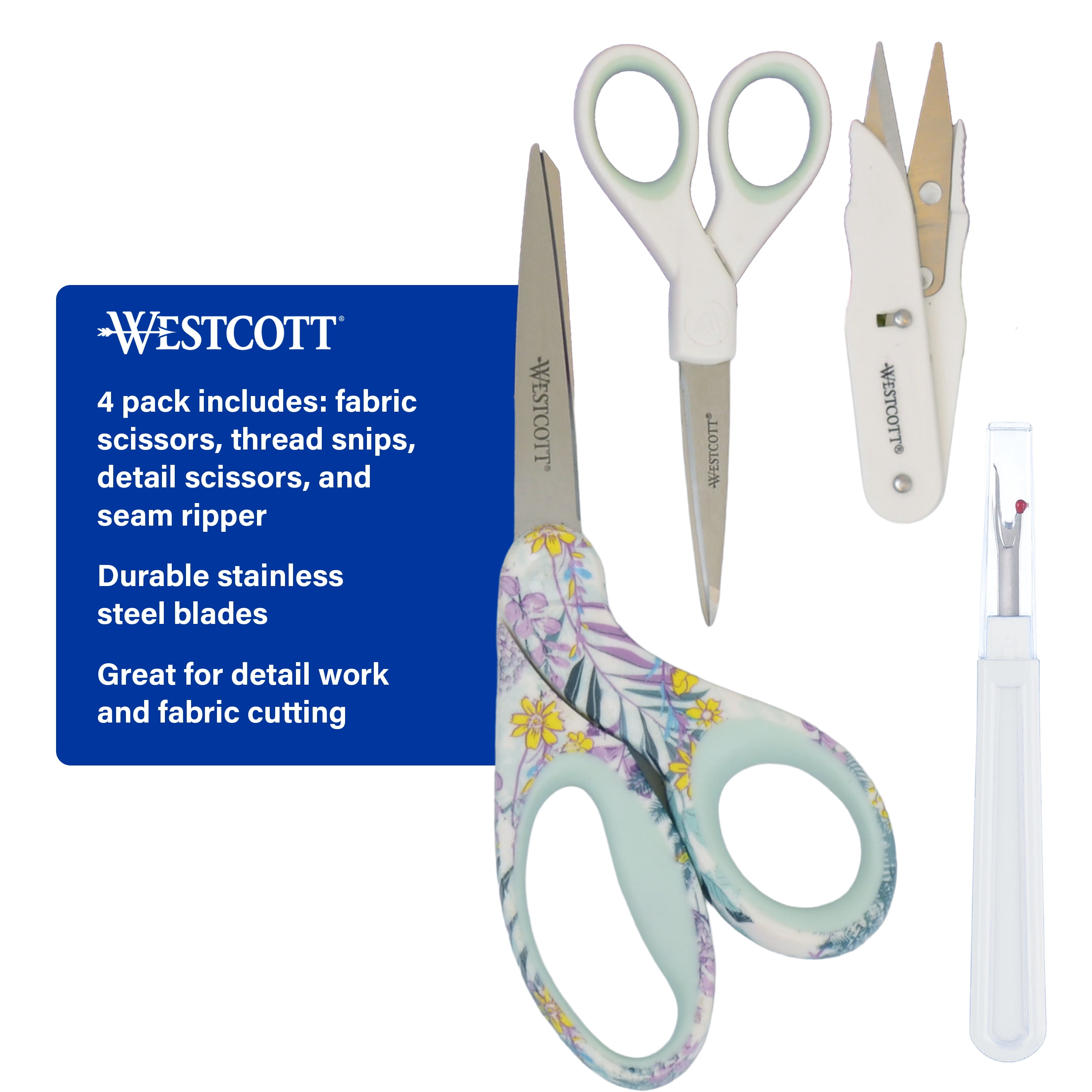 Westcott Fashion Sewing Set, Scissors, Seam Ripper & Thread Snips, Stainless Steel, White/Blue, 4-Piece