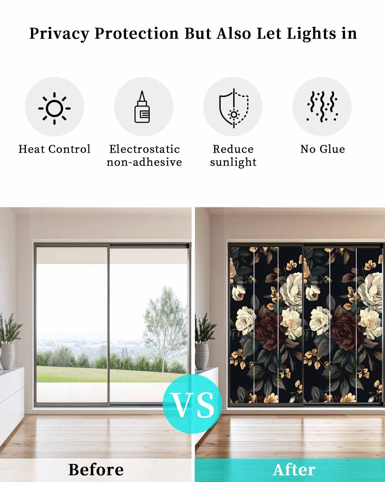 Window Privacy Film Vintage Black Floral Stained Glass Window Film Decorative Sun Block Window Cover Spring Seasonal Botanical Blooms Window Clings Static Adhesive Sticker for Bathroom 35.4"x78.7"