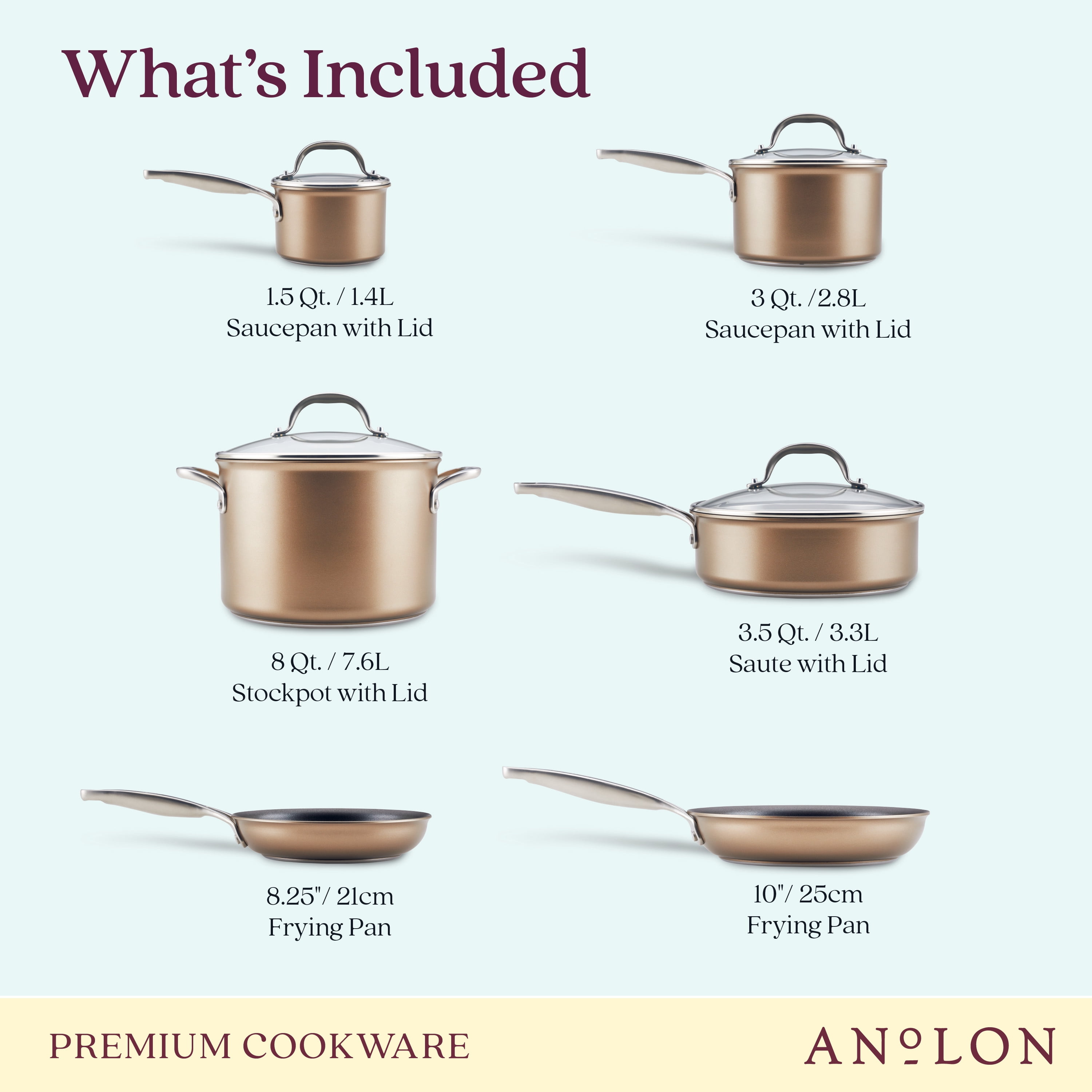 Anolon Ascend 10 Piece Hard Anodized Nonstick Kitchen Cookware Pots and Pans Set, Bronze