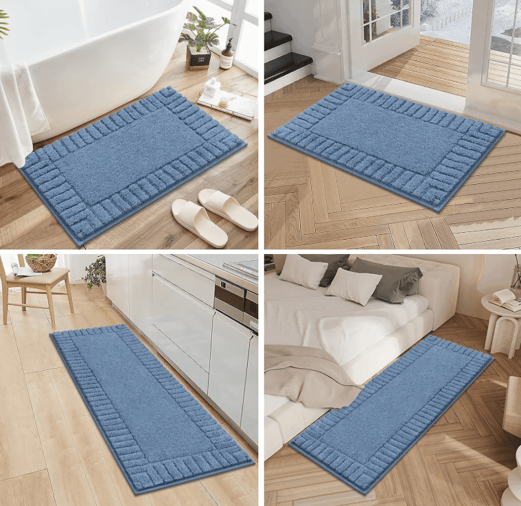 MeyJey Bathroom Rugs Set of 3 Piece, Bath Mats, Microfiber Non Slip Shaggy Ultra Soft Bathroom Runner with U Shaped Contour Toilet Mat for Bathroom, Shower Inside Floor, Blue
