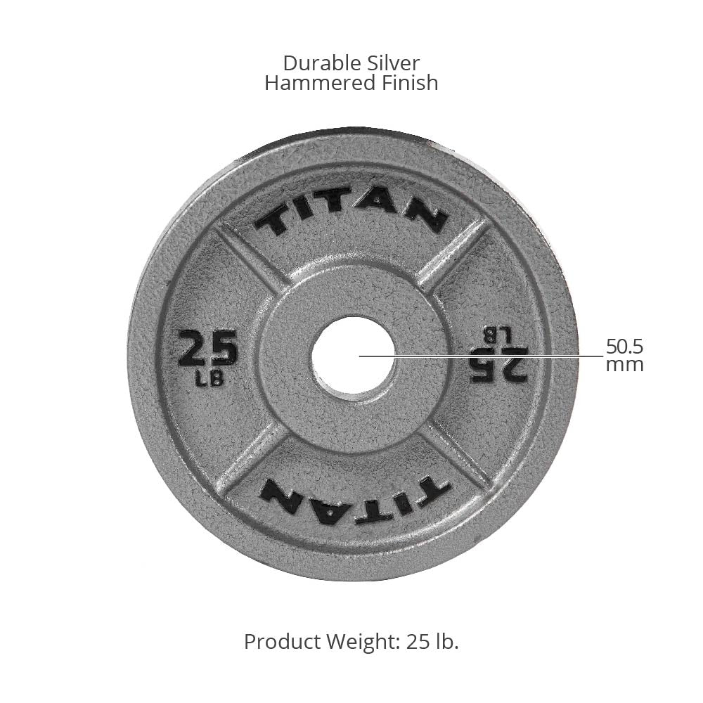 Titan Fitness 25 LB Cast Iron Olympic Plates, Sold In Pairs, Classic Weight Plate Design, Silver Hammer Finish