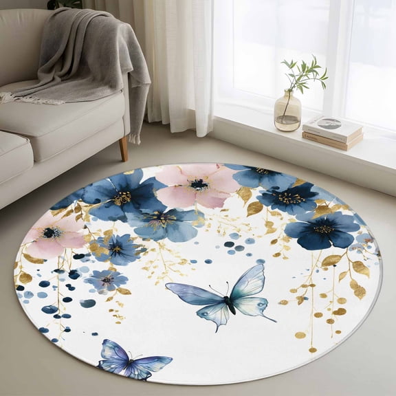 Round Rugs 3Ft, Navy Blue Spring Floral Round Area Rug Washable Indoor Throw Carpet, Farmhouse Butterfly Watercolor Small Non Slip Circle Rug for Bedroom Living Room Home Decor Aesthetic
