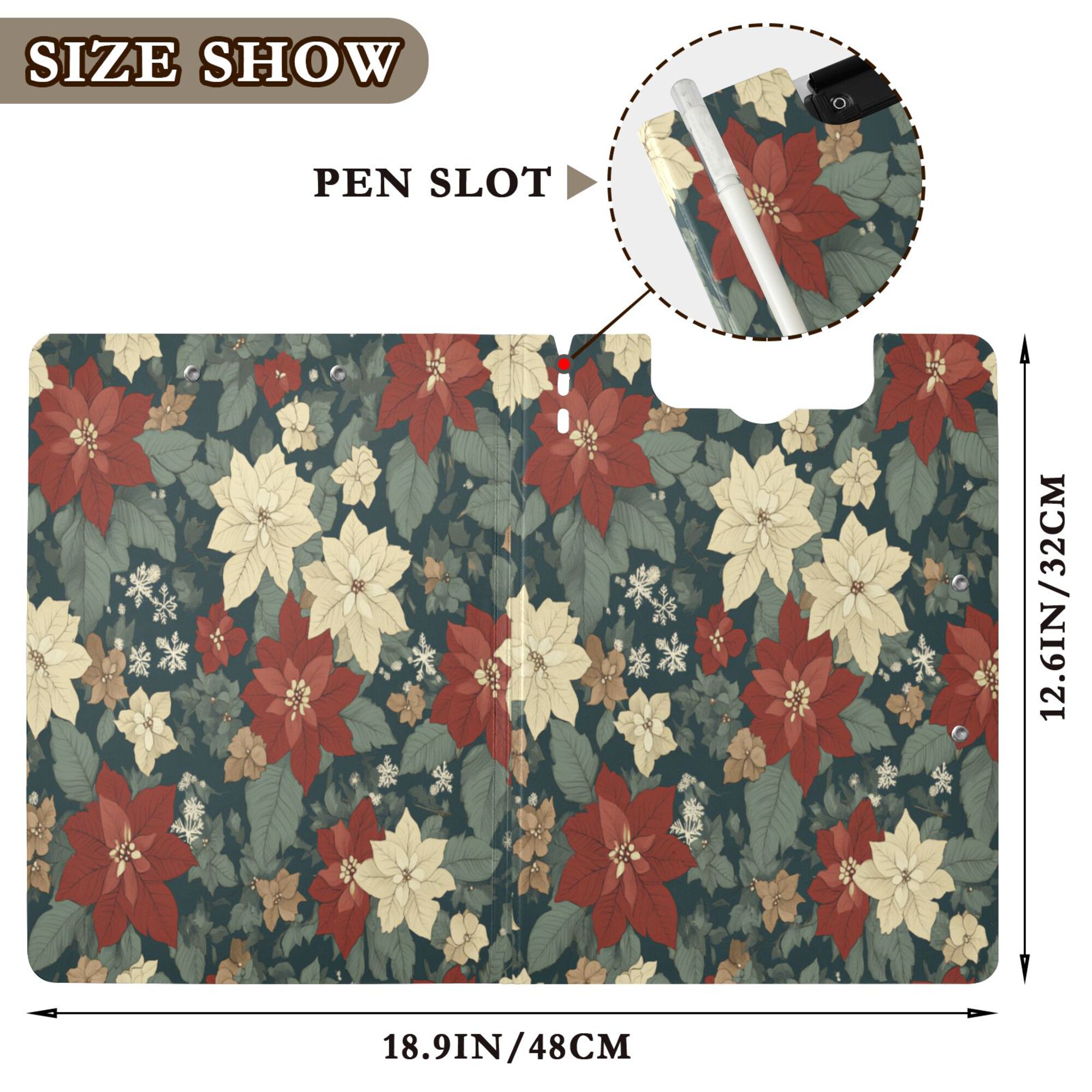 FORMRS A4 Clipboard Folder with Pen Holder Horizontal Foldable School Office Binder, Christmas Blooms