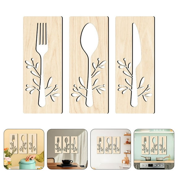 WHAMVOX Wooden Fork Spoon Knife Sign Wall Decor for Home Dining Room Restaurant Brown Basswood 1 Set