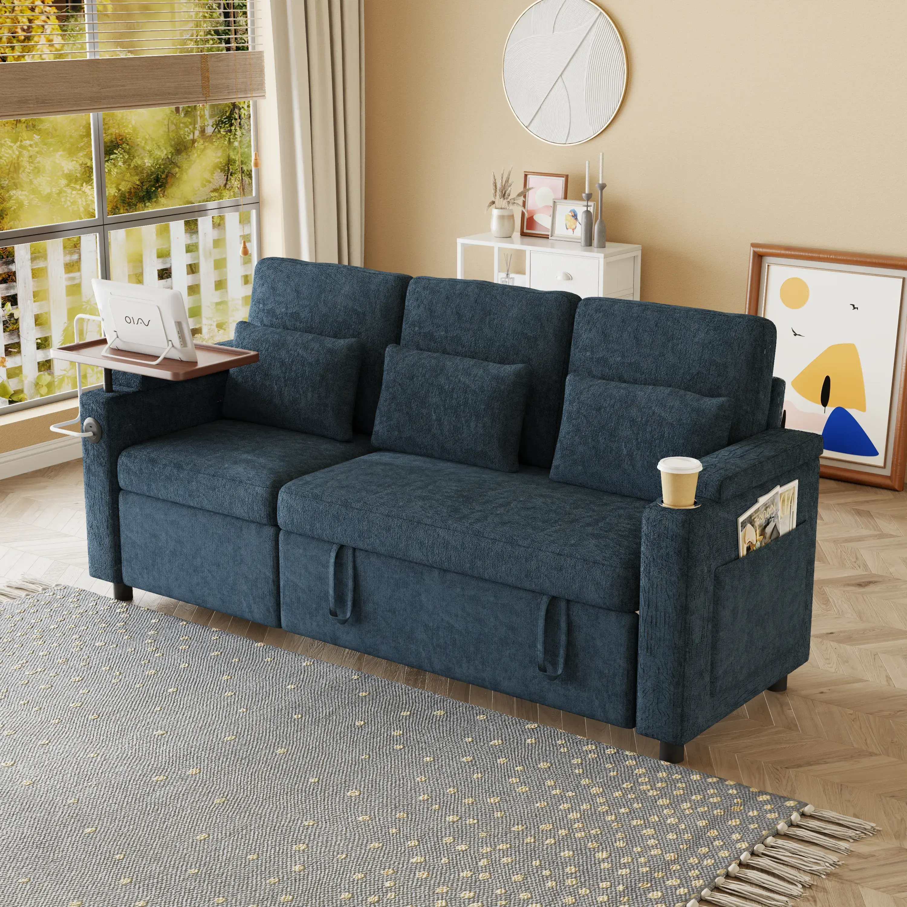 Aukfa 83" Convertible Sofa Bed, Chenille 3-Seater Pull-Out Sleeper Couch with Recliner, USB Port, Swivel Table & Storage Armrests,Blue