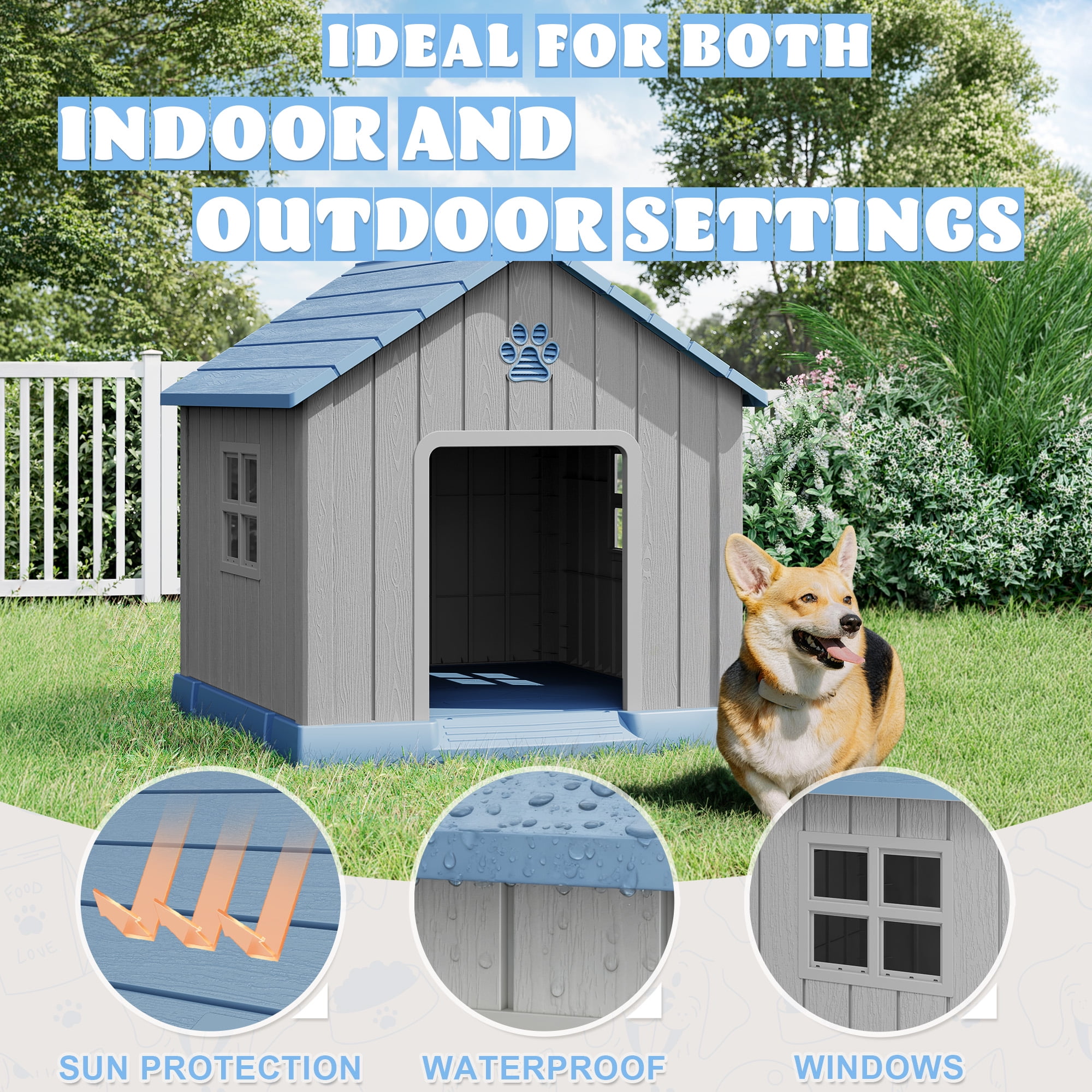 LHBcraft Dog House,Weatherproof Resin Shelter with Air Vents and Elevated Floor for Small-Medium Dogs,Dog kennel for Indoor&Outdoor,Blue,32.3" L x 29.9" W x 32.5" H