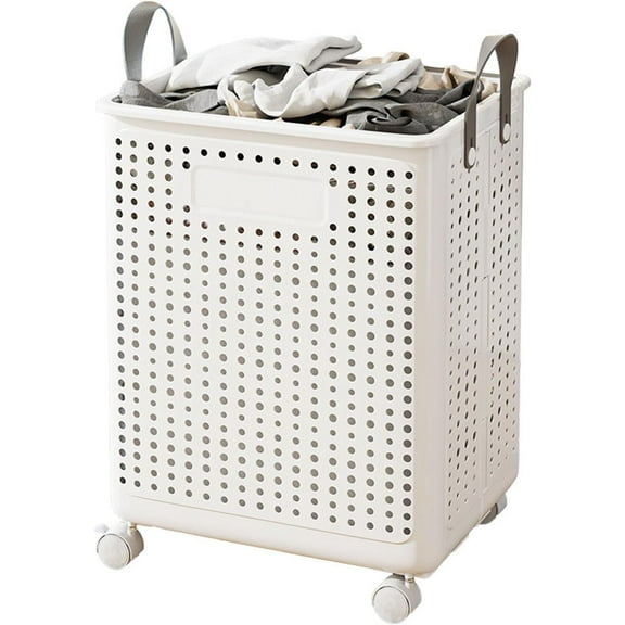 Collapsible Extral Large Laundry Hamper, Plastic Laundry Basket with Wheels,Suitable for Bathroom, Bedroom, Dorm Room & Laundry Room,Basket with Handle (White)