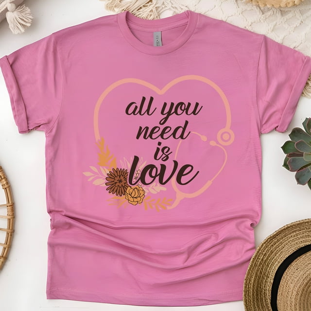 All You Need Is Love Graphic T-Shirt with Stethoscope Heart Design, Heliconia, Size M