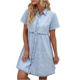 thumbnail image 2 of Taqqpue Dresses for Women 2024 Solid Color Fashion Casual Spring And Summer Short Sleeve Button Down Flowy Lapel Knee-High Denim Dress, 2 of 6