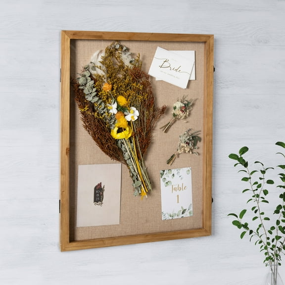 Emma Oliver 18x24 Shadow Box Display Case with Linen Liner, 8 Push Pins and Solid Pine Wood Frame in Weathered Brown