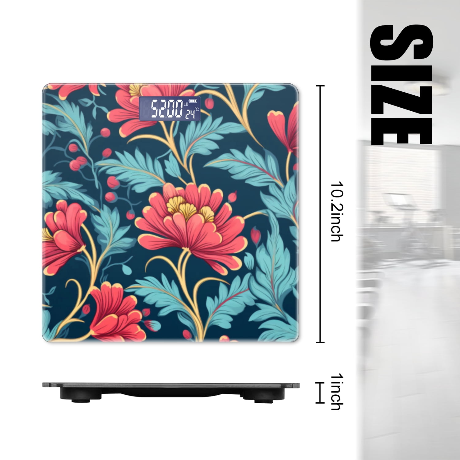 High Precision Body Weight Scale Smart Bathroom Scales with Large LCD Display(400lbs),Decorative for Bedroom-Red Flowers And Turquoise Leaves